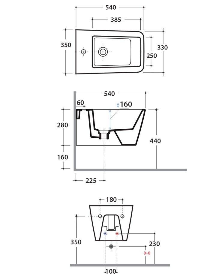 Биде подвесное GLOBO INCANTHO INS09BI 350 мм х 540 мм, с отверстием под смеситель, с креплением, белый глянцевый