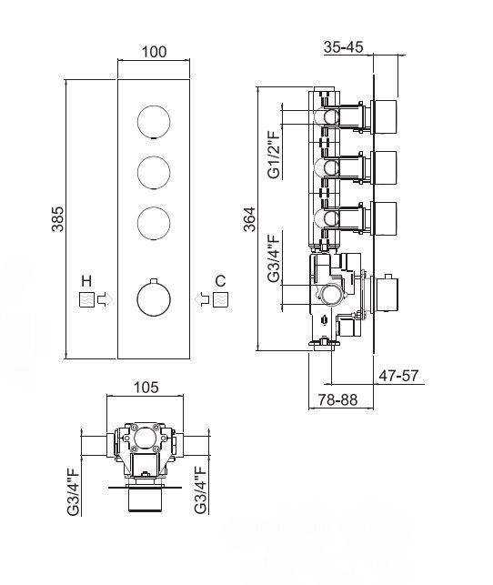 Внешняя часть термостата для душа CARIMALI IL TONDO 21039EST-CR на три потребителя, хром