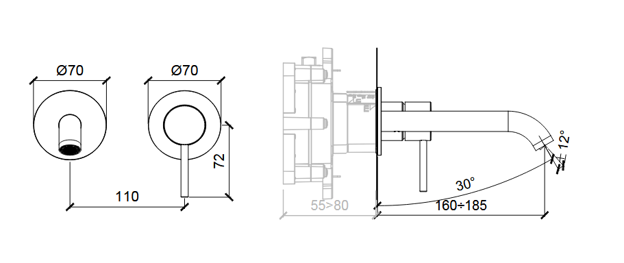 Внешняя часть смесителя из стены  для раковины ALMAR WASH BASIN E210054.CR излив 160 мм - 185 мм, цвет Хром