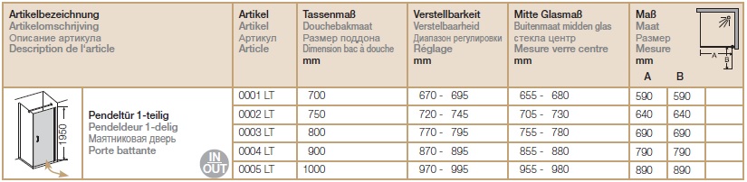 Маятниковая дверь для прямоугольной кабины Provex Look 0005 LT 05 GL 1000 мм х 1950 мм, блестящий алюминий/стекло прозрачное