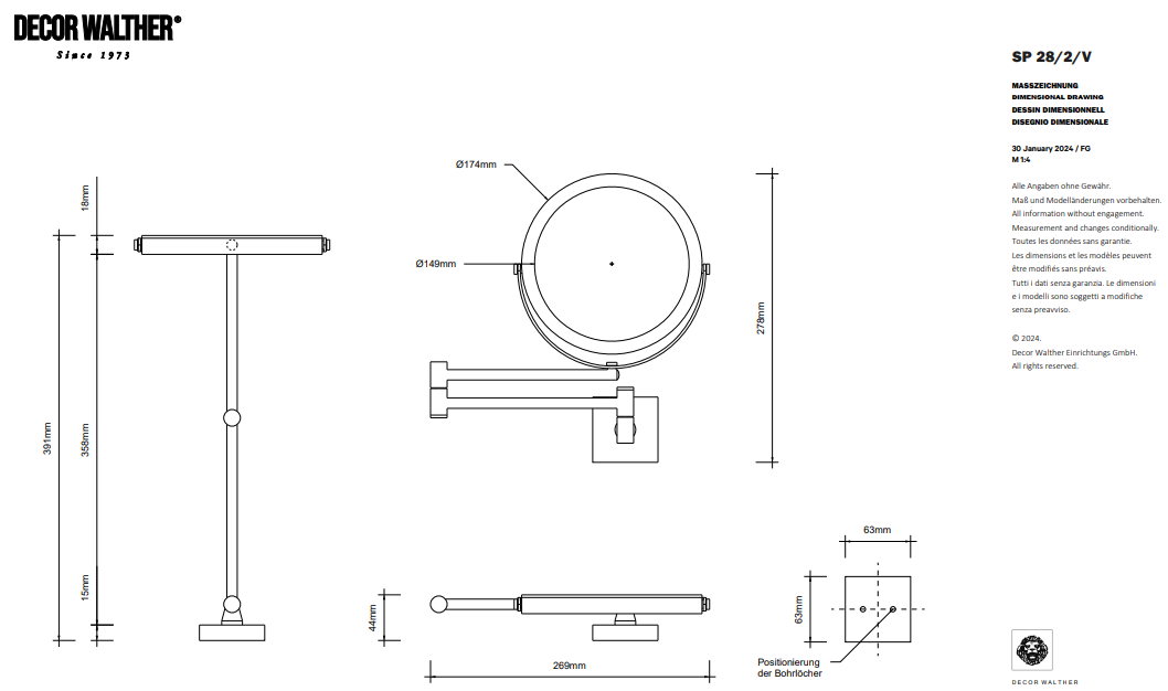 Косметическое зеркало настенное DECOR WALTHER   SP 28/2 5X    0105882  28 X 28 X 4,5 см Ø 17 см,  двустороннее, увеличение 5X + 1X, цвет золото матовое Gold Matt (24carat)