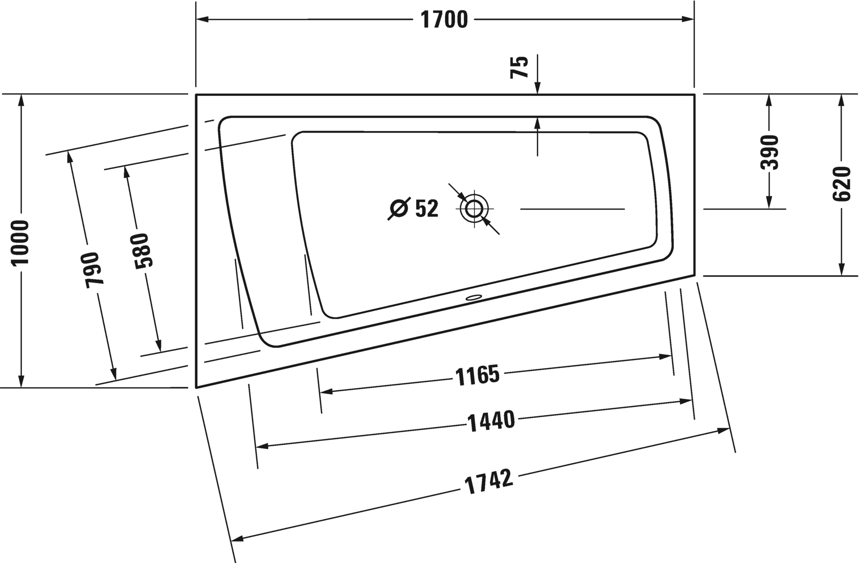 Акриловая ванна Duravit Paiova 700212000000000 1700 х 1000 c наклоном для спины слева, встраиваемая, угловая, белая