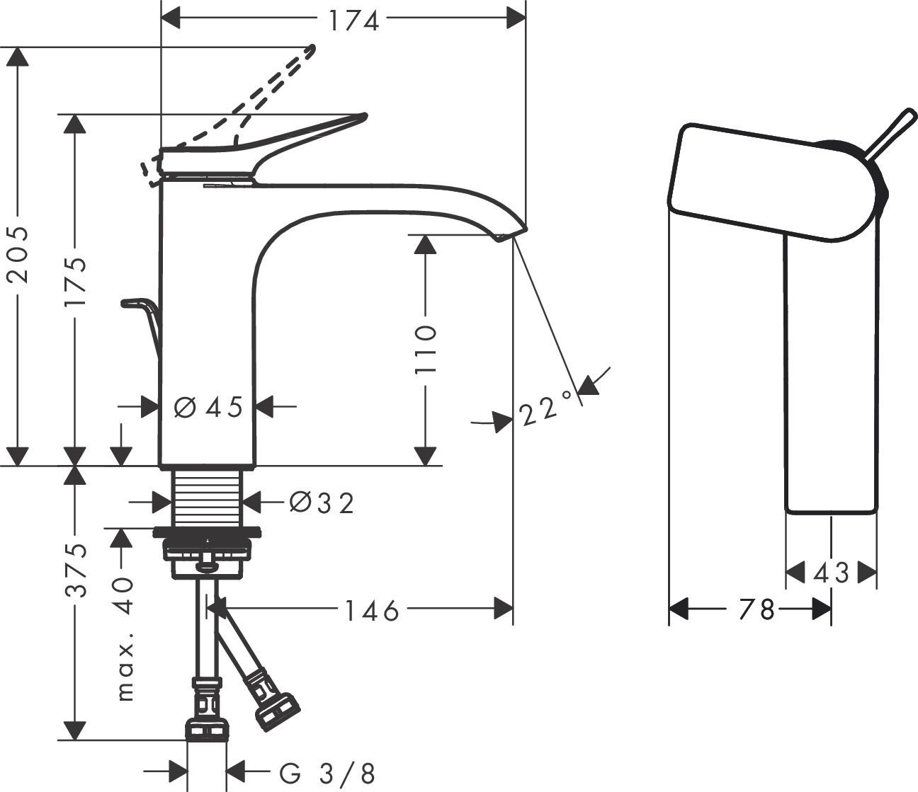 Смеситель для раковины HANSGROHE Vivenis 75023670 110 мм, с донным клапаном, чёрный матовый