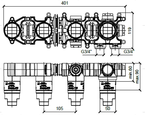 Горизонтальная встраиваемая часть смесителя для душа ALMAR Modular E169005 на 3 потребителя и 2 модуля, для арт. E180193, E180143, цвет Чёрный