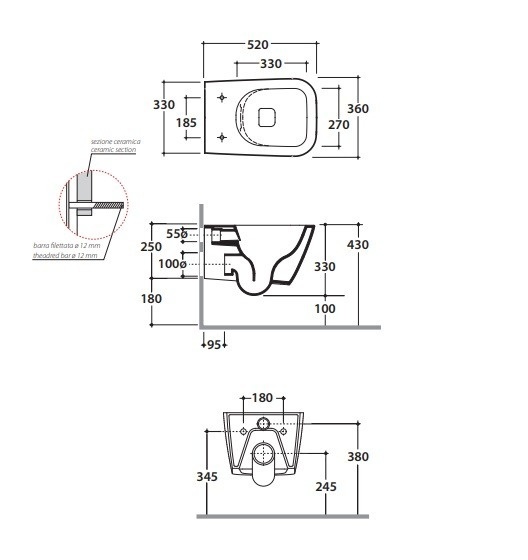 Унитаз подвесной безободковый GLOBO STONE STS05AR 360 мм х 520 мм, с креплением, чёрный матовый