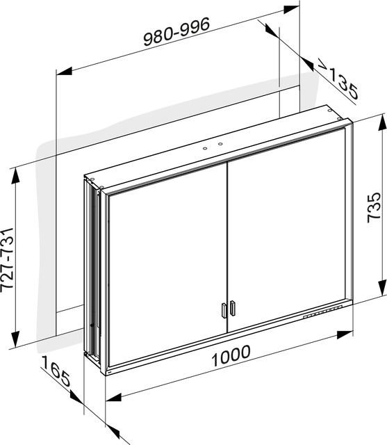 Зеркальный шкаф с подсветкой для встраиваемого монтажа KEUCO Royal Lumos 14314 172301 165х1000х735 мм, 2 дверцы, цвет Алюминий серебристый анодированный