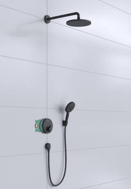 Душевая система cкрытого монтажа c термостатом HANSGROHE 240 1jet Raindance S 27959670 с верхним и ручным душем и шлангом, PowderRain с ShowerSelect S, цвет Чёрный матовый