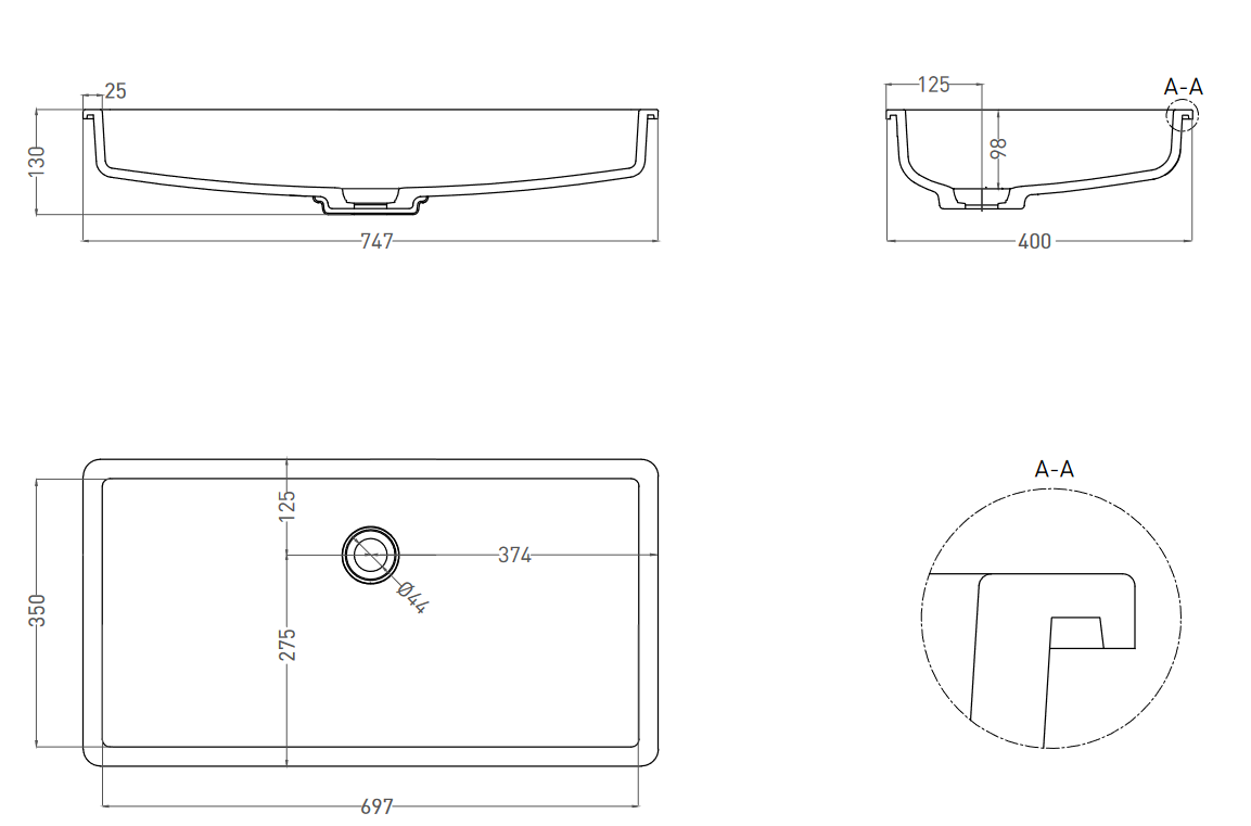 Раковина встраиваемая прямоугольная SALINI MAREA 10 1802210M 747х400х130мм, S-Stone, без донного клапана, цвет Белый матовый