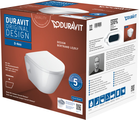 Унитаз подвесной + сиденье Duravit D-Neo Rimless 45870900A1 370 мм х 480 мм, с вертикальным смывом, без смывного края, с креплением Durafix, белый