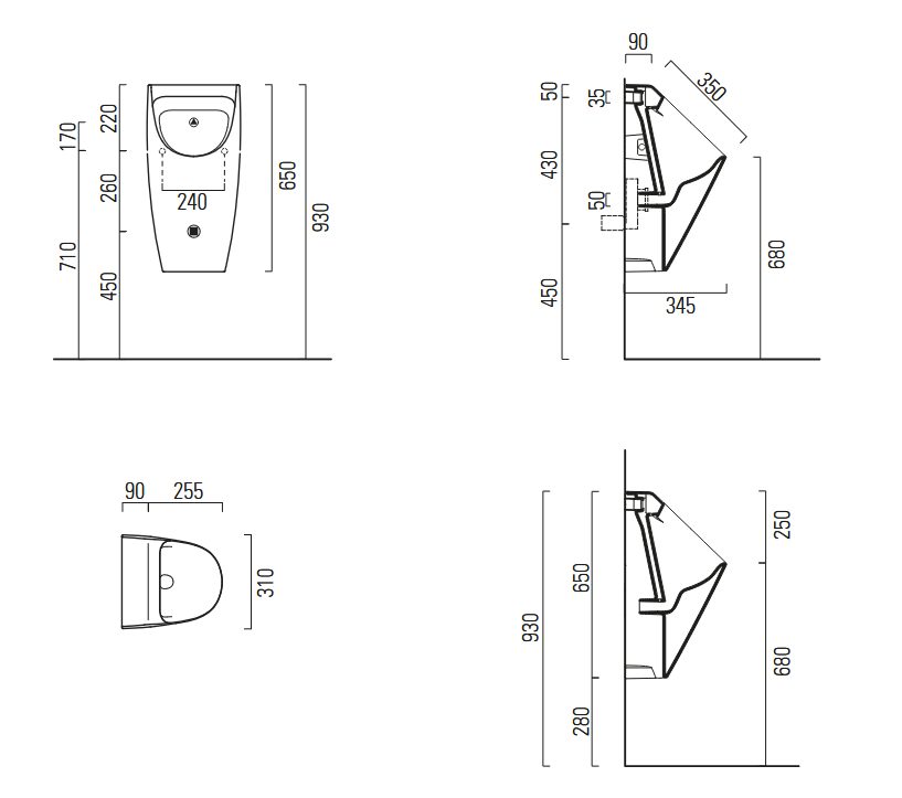 Писсуар безободковый GSI COMMUNITY 9097FO17 скрытый подвод воды, с крепежом, цвет Cenere Matte