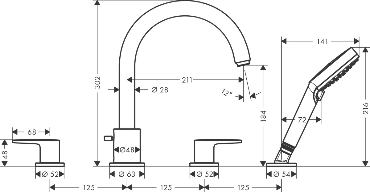 Смеситель на край ванны на 4 отверстия HANSGROHE Vernis Blend 71456670 Чёрный матовый