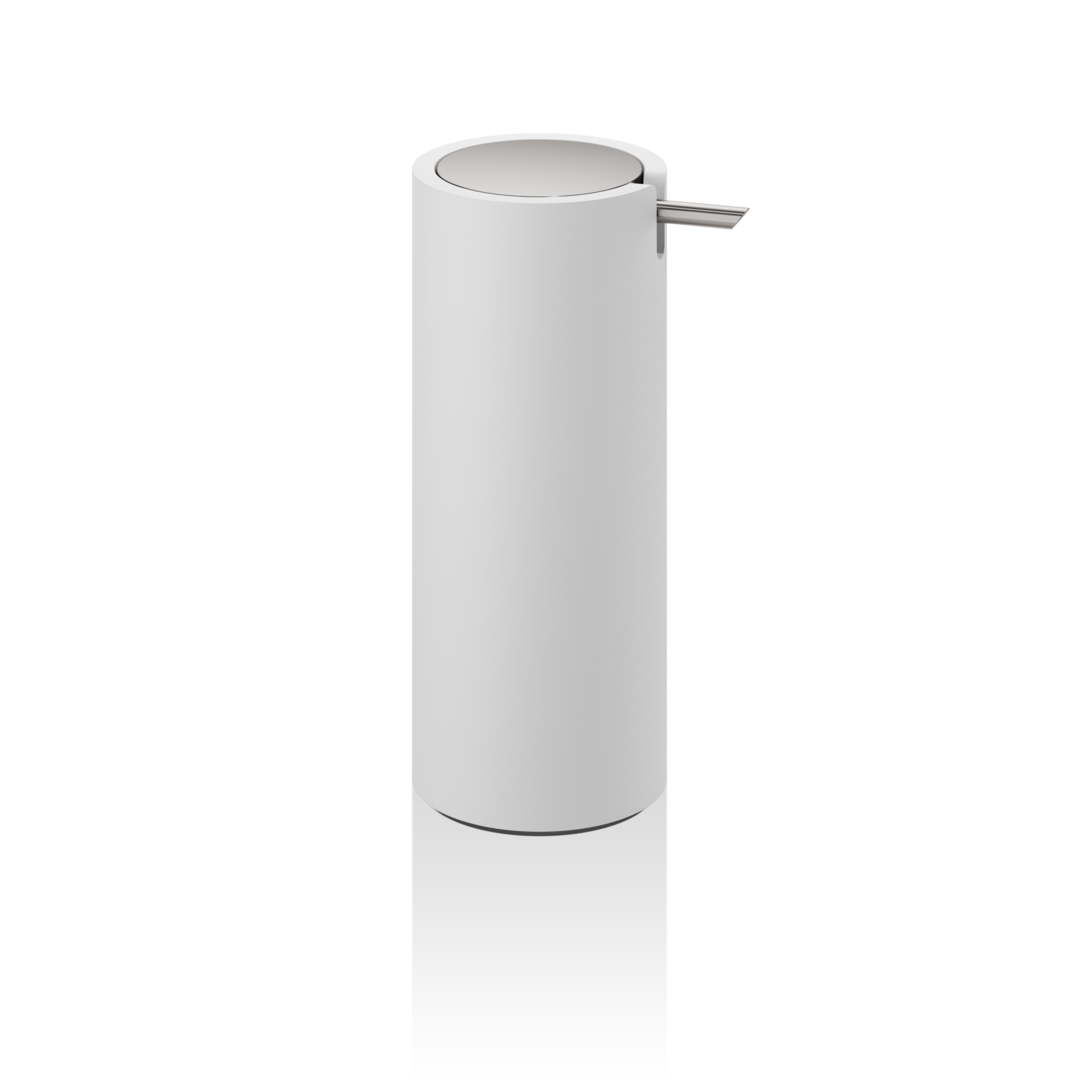 Дозатор жидкого мыла настольный, DECOR WALTHER (STONE SSP) 0972355  17 X Ø 7 X 9,5 см, 200 мл, из композита Solid Surface, цвет белый/сталь матовая