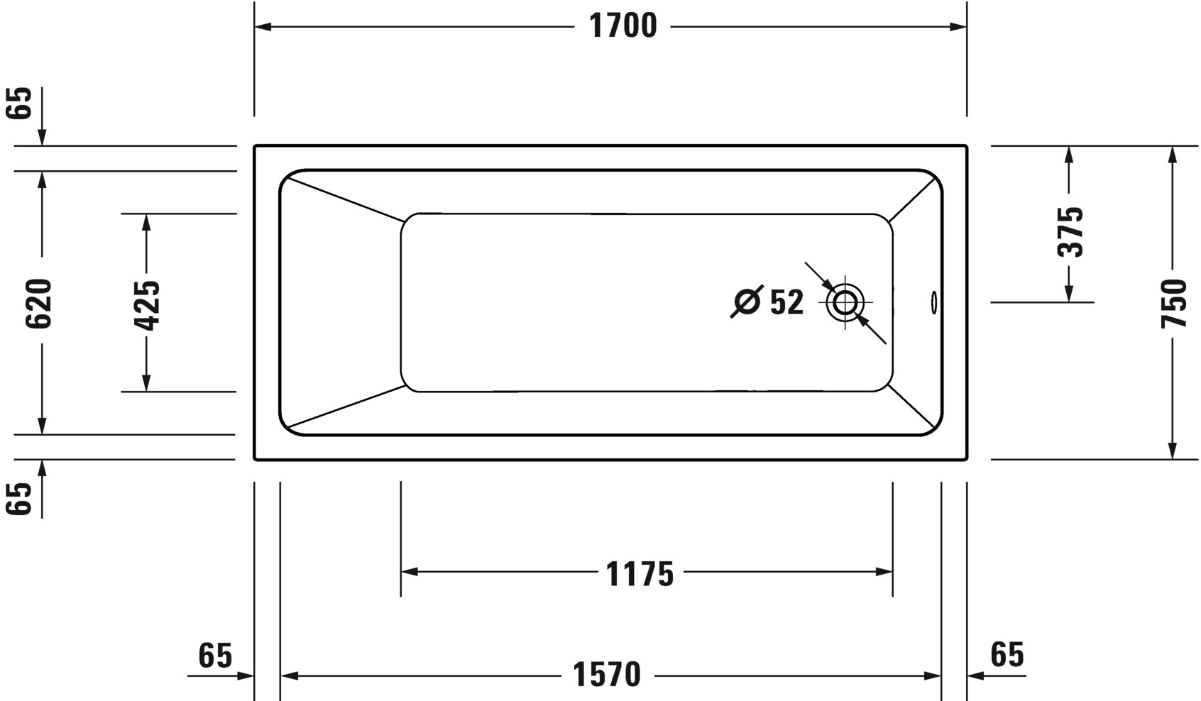 Ванна встраиваемая акриловая DURAVIT Duravit No.1 700490000000000 750 мм х 1700 мм х 420 мм, с наклонной спинкой, белая