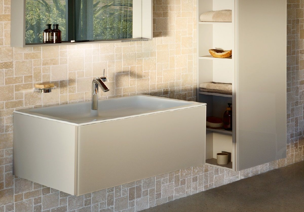 Тумба под умывальник Keuco Plan 32971 180000 корпус ламинированный матовый кашемир, фасад стекло кашемир глянцевый