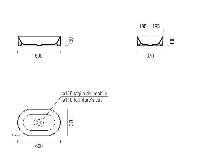 Раковина накладная овальная GSI KUBE X 945826 600 мм х 370 мм, без отверстия под смеситель, Чёрный матовый Ardesia
