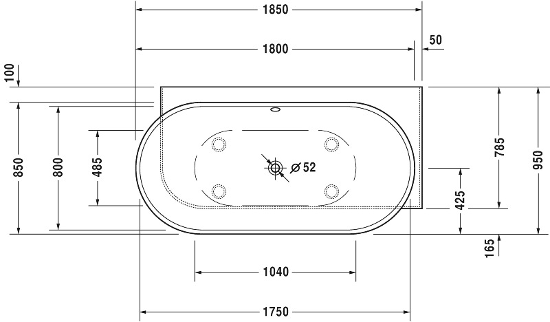 Ванна из композитного материала с углом справа Duravit Luv 700432000000000 1850 x 950 мм