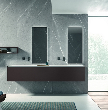 Комплект мебели BMT IKON  IK-02   3070х2000х502 мм, с тумбой, двойной раковиной, полкой и зеркалом, цвет Marrone Terra Opaco