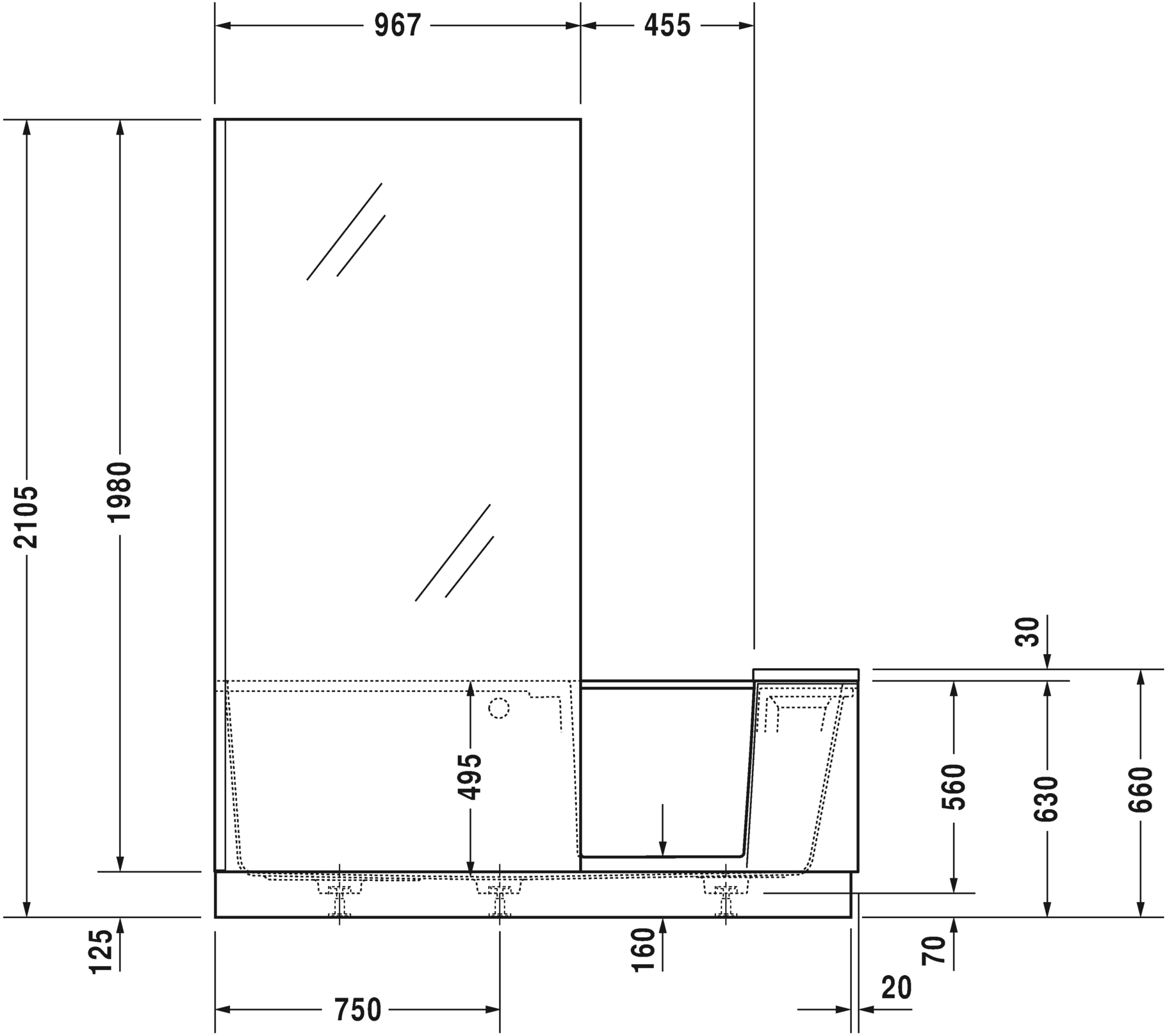 Ванна Duravit Shower + Bath 700454000000000 1700 х 750 прозрачное стекло, пристенный вариант, со смонтированной дверцей, с ножками, белая