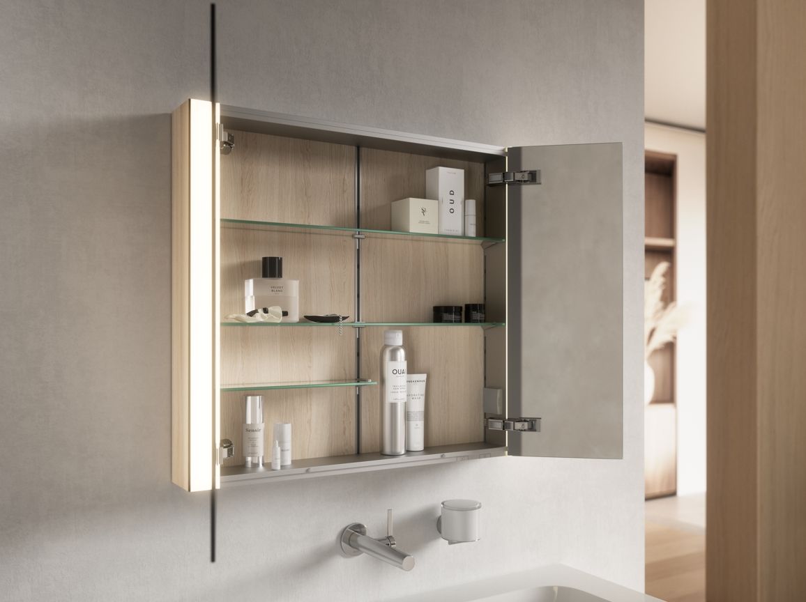 Зеркальный шкаф с подсветкой для встраиваемого монтажа KEUCO Somaris 14514 853100 115 мм х 1200 мм х 710 мм, с 3 поворотными дверцами, цвет корпуса под Светлый дуб