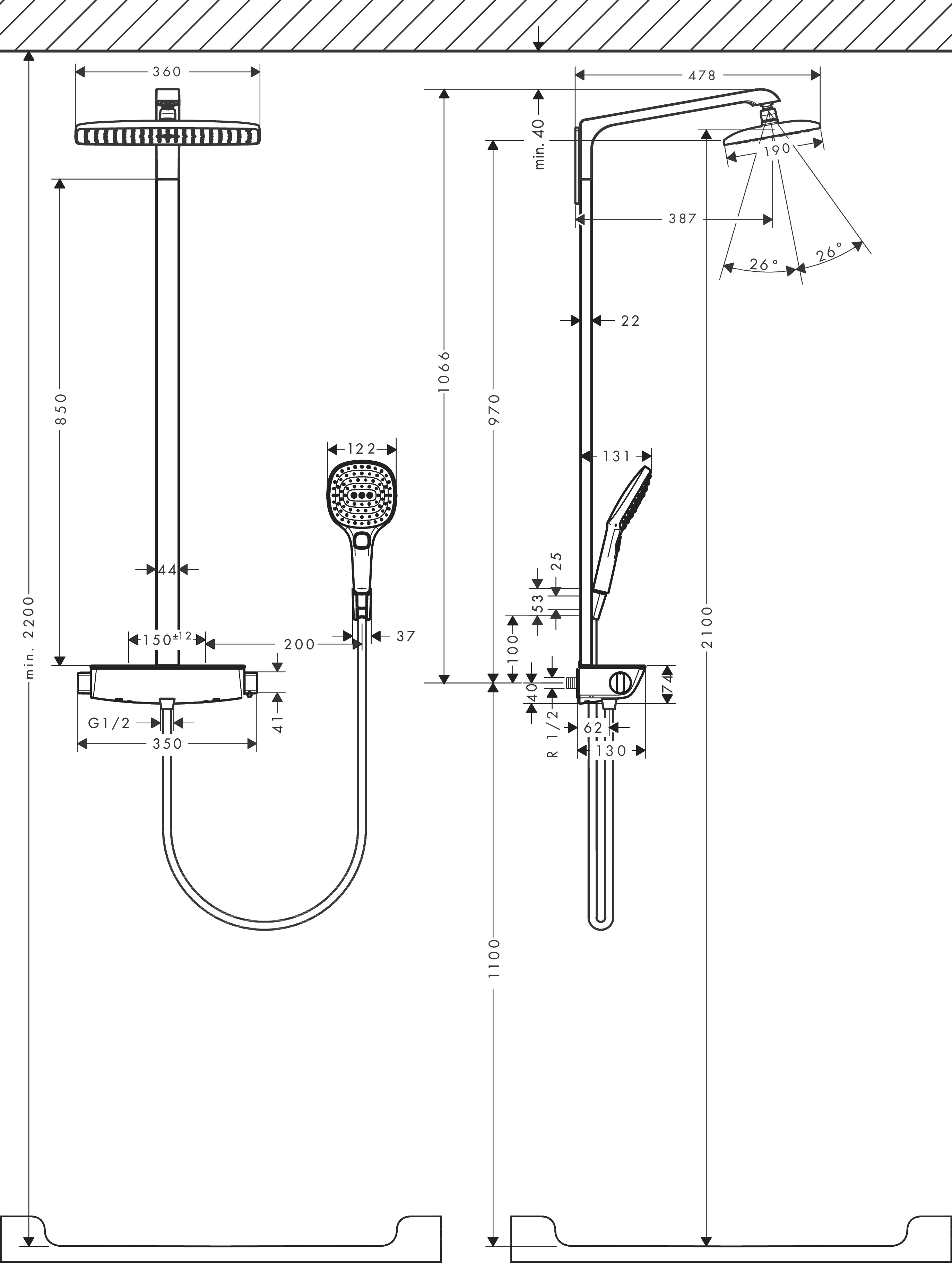 Душевая система с термостатом и ручным душем HANSGROHE Raindance E Showerpipe 360 1jet 27286400 с Ecosmart 9 л/мин, цвет Белый/Хром