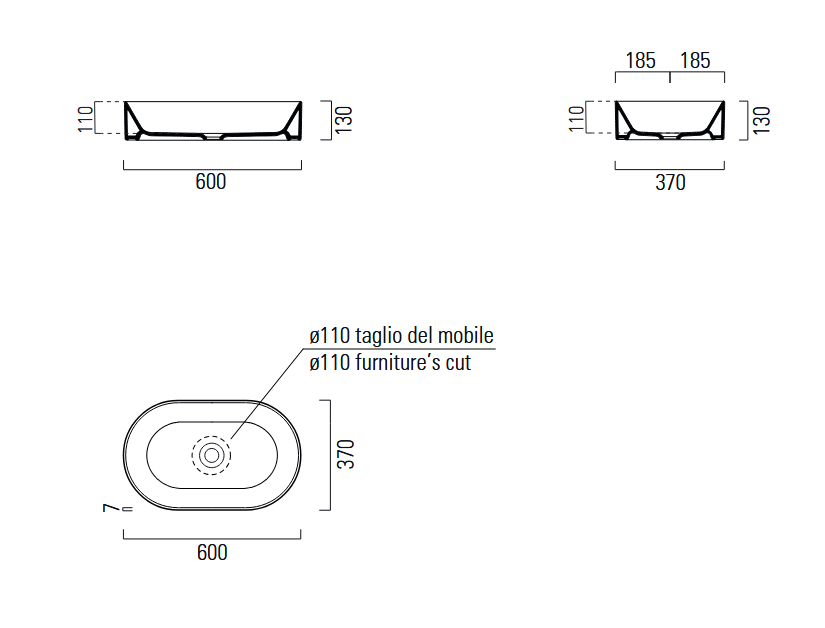 Раковина накладная GSI KUBE X 9458PVC26 600 мм х 370 мм, без отверстия под смеситель, без перелива, с донным клапаном, цвет Чёрный матовый Ardesia