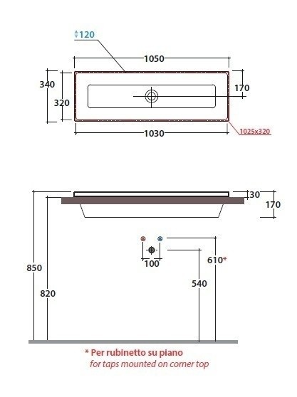 Раковина встраиваемая сверху GLOBO STOCKHOLM FO105BI 1050 мм х 340 мм, с переливом, белая глянцевая