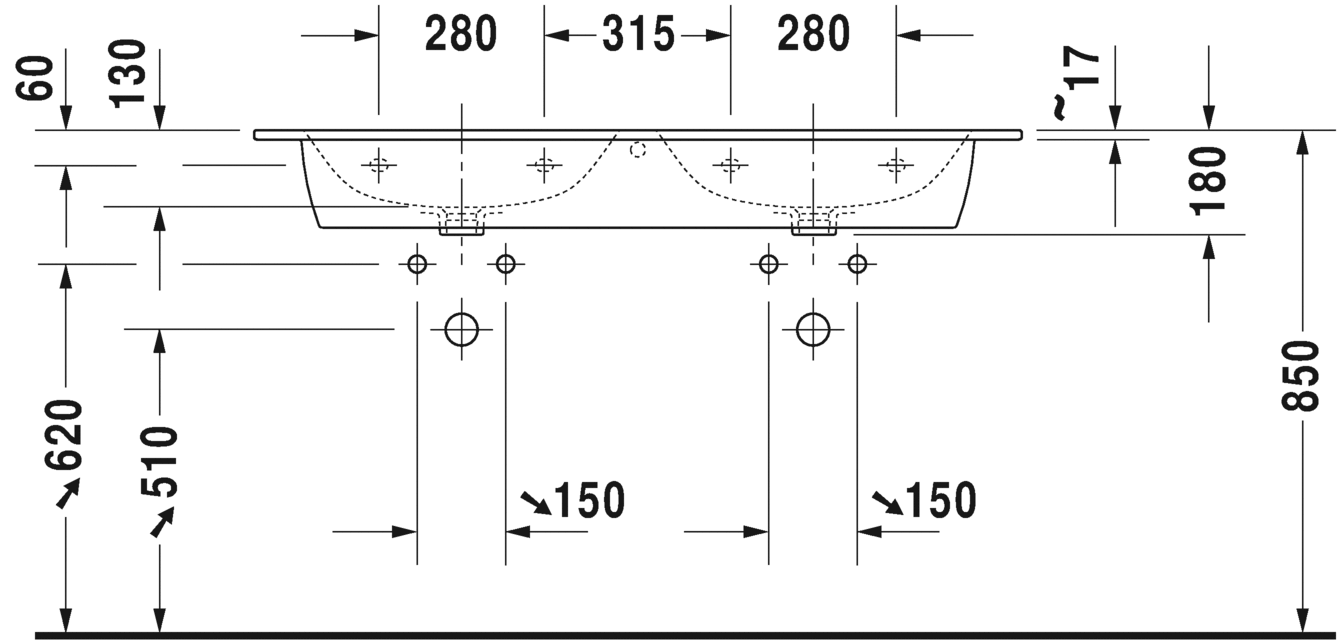 Раковина двойная Duravit Me by Starck 2336130030 с тремя отверстиями под смеситель, с переливом, белая