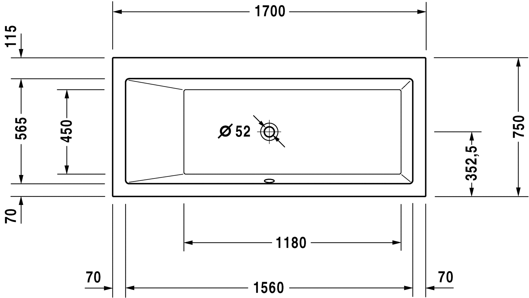 Акриловая ванна Duravit Vero 700133000000000 1700 х 750 c наклоном для спины слева, встраиваемая версия, белая