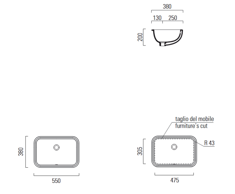Раковина встраиваемая снизу GSI PURA 7243F11 550 мм х 380 мм, без отверстия для смесителя, с переливом, с креплением, цвет Белый глянцевый