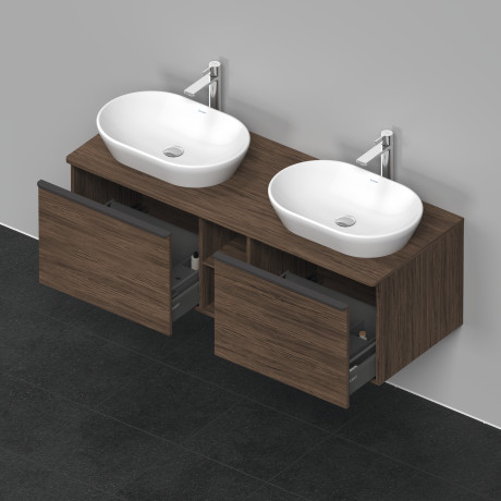 Тумба подвесная под две раковины DURAVIT D-Neo DE4950B2121 1400 мм х 550 мм, с 2 выдвижными ящиками и открытой полкой, орех тёмный