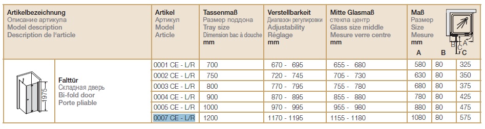 АКЦИЯ Складная дверь для прямоугольной кабины левая PROVEX Combi free 0007 CE 05 GL L 1200 мм х 1975 мм, блестящий алюминий/прозрачное стекло