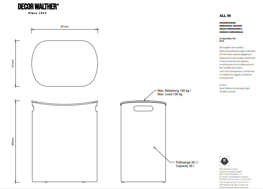 Корзина-стул для белья  DECOR WALTHER  ALL IN   0615250   48,5 X 39 X 27,5 см, 35 л, с крышкой-сиденьем, нагрузка до 100 кг, акрил, цвет белый матовый