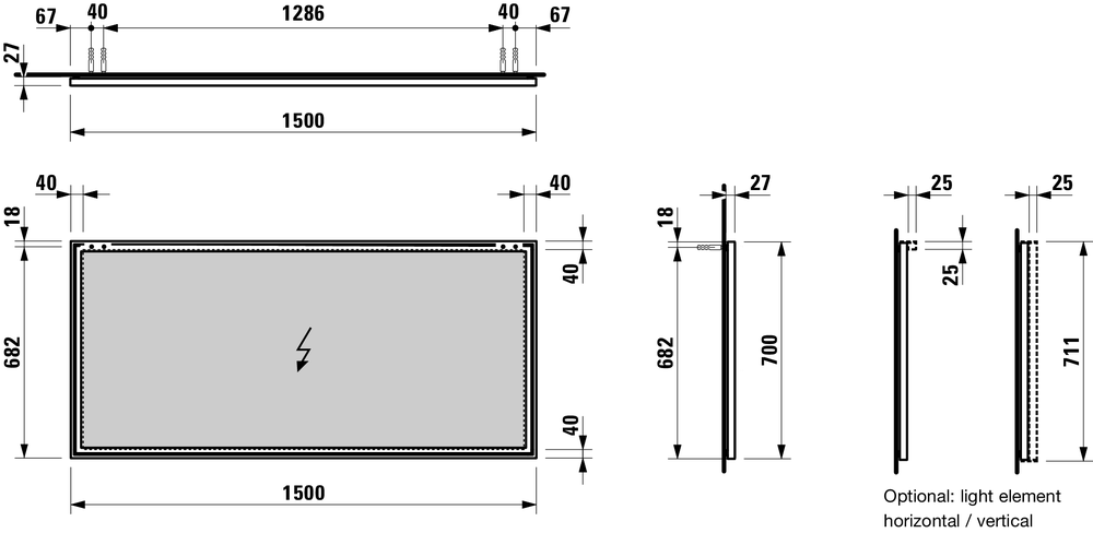 Зеркало   Laufen  Frame25     4.4740.9.900.144.1  150 см, алюминиевая рама