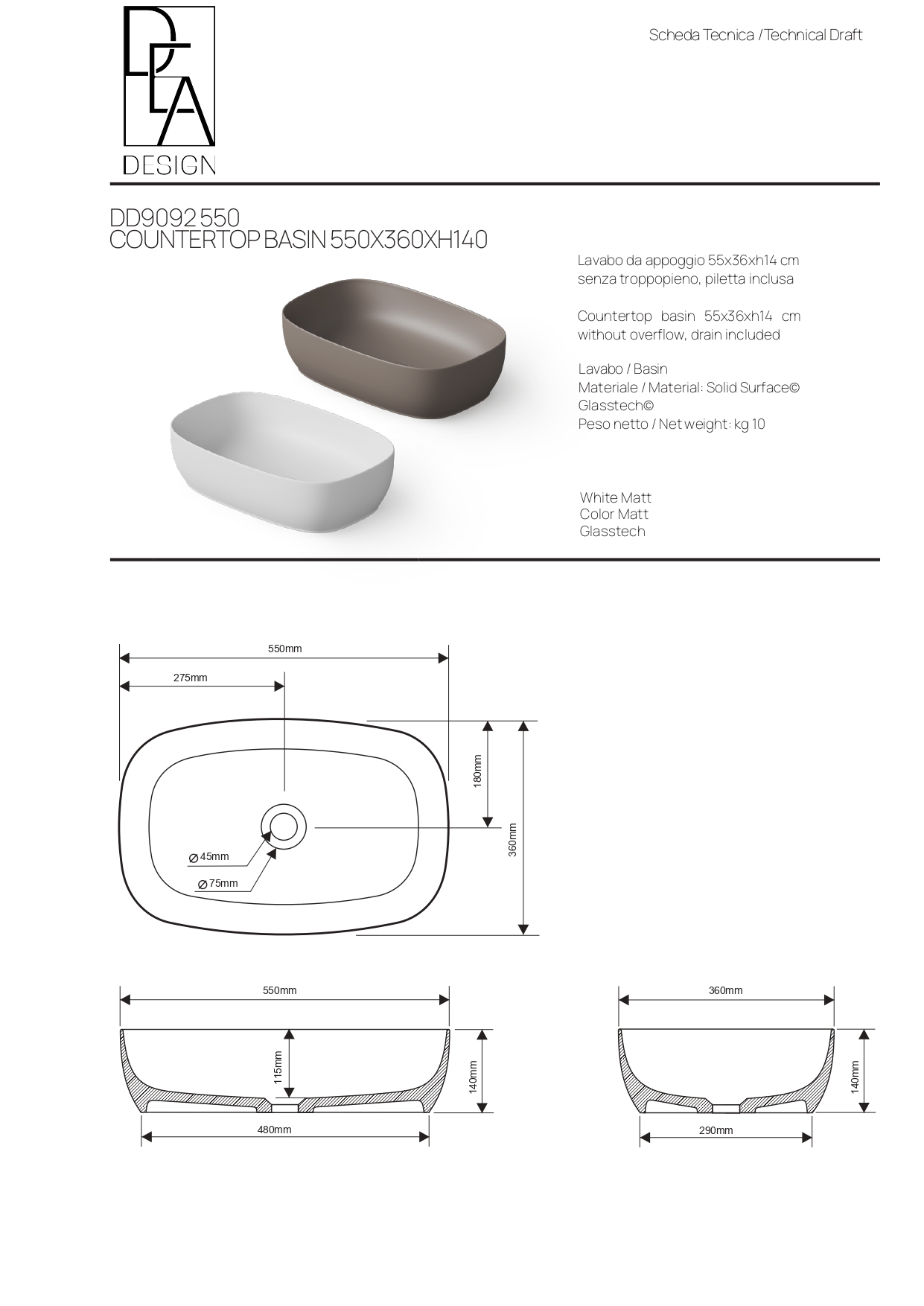 Раковина накладная DEA DESIGN  Countertop basin  DD9092 550 R6      550х360хh140 мм, из полимера Glasstech, д/клапан хром, цвет Classic Green R6