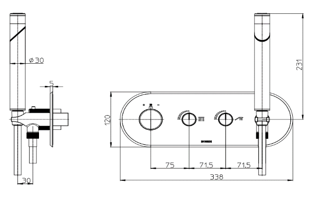 Наружная часть двухвентильного термостатического смесителя для душа BOSSINI PLY Z00943.030 на 2 потребителя, с лейкой и шлангом, цвет Хром