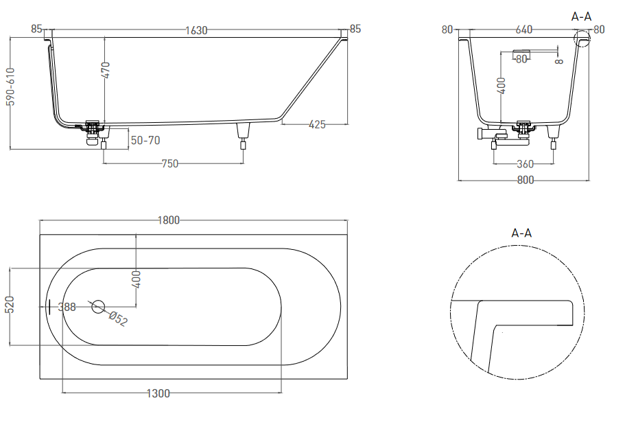 Встраиваемая овальная ванна SALINI ORNELLA KIT 102412M 800х1800х600 мм, с регулируемыми ножками, из S-Sense, слив-перелив, сифон, донный клапан, цвет Белый матовый