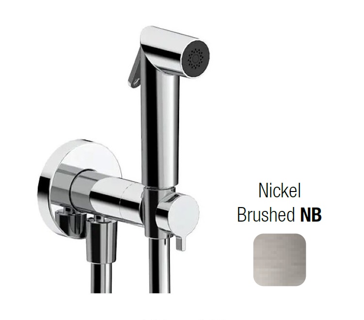 Гигиенический душ  ALMAR  SHUT OFF   E136013.NB   внешняя часть: смеситель  с прогрессивным картриджем, шланг 120 см,  лейка Athena,  латунь, цвет Nickel Brushed