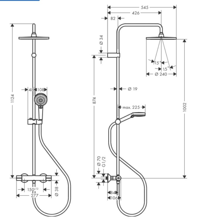 Душевая система HANSGROHE Vernis Blande 26428670 240 1jet, с термостатом, с круглым верхним душем, цвет Чёрный матовый