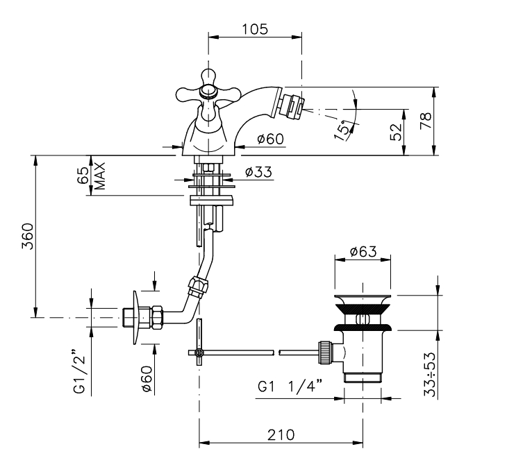 Смеситель для биде двухвентильный NICOLAZZI NUOVA BRENTA 2534CR с донным клапаном и переливом, хром