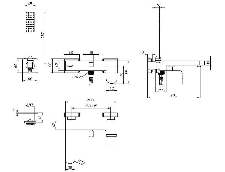 Однорычажный смеситель для ванны настенный BOSSINI GILLO Z00727.022 с лейкой, держателем и шлангом, цвет Античная бронза