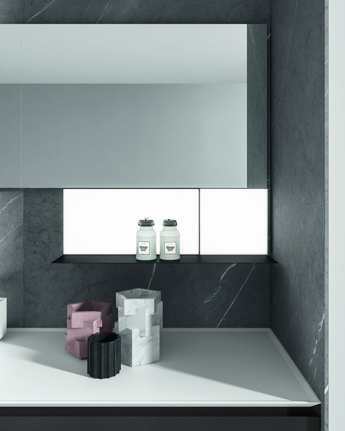 Комплект мебели BMT IKON  IK-11 2740х1850х502 мм,  c 3 тумбами, 2 раковинами, 2 полками и 2 зеркалами, цвет Anthracite Grey Ecomalta/Белый матовый