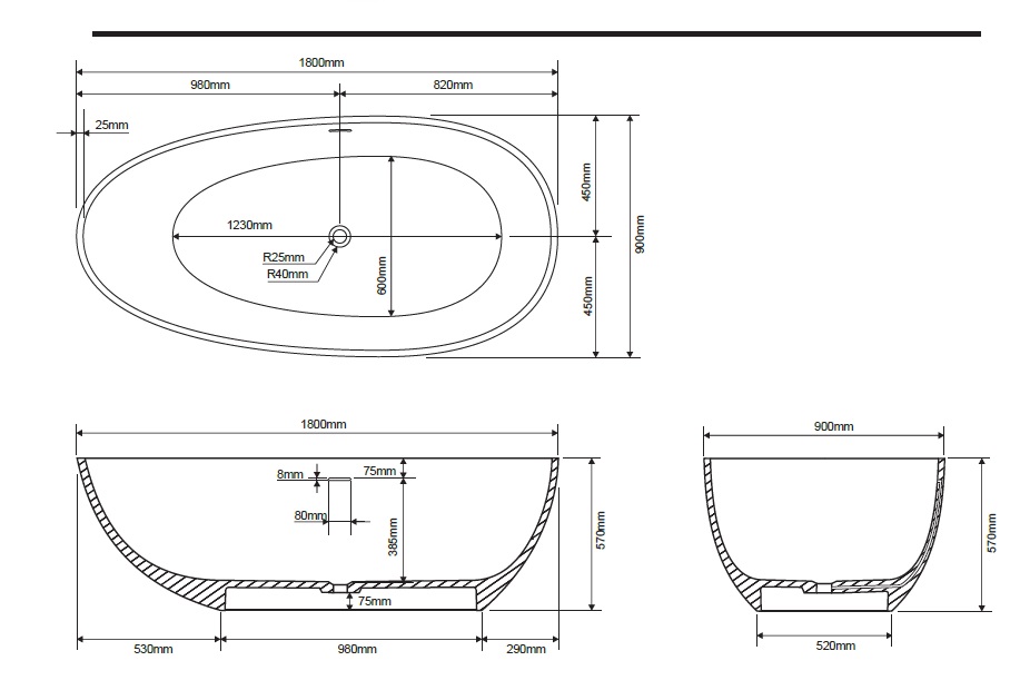 Ванна отдельностоящая из композита DEA DESIGN Modern DD8608 1800 3, размер 1800 мм х 900 мм х 570 мм, с сифоном и донным клапаном, цвет Серый Grey №3