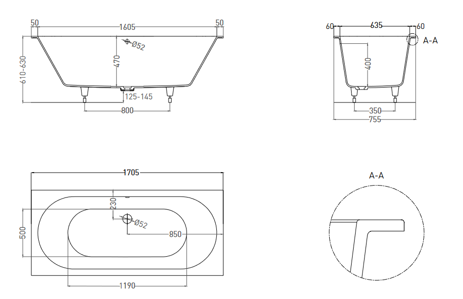 Встраиваемая ванна с овальной чашей SALINI ORNELLA AXIS 103413M 755х1705х600 мм, S-Sense, регулируемые ножки, цвет Белый матовый