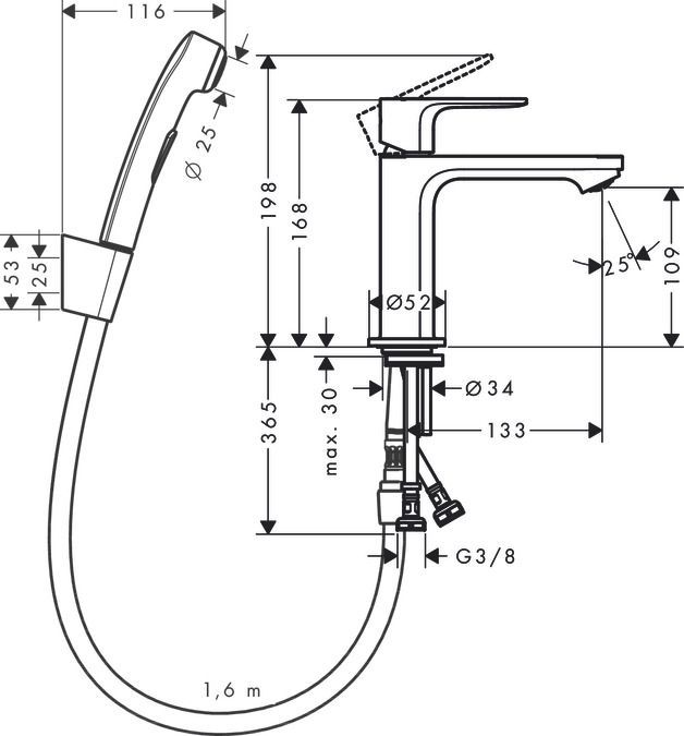 Смеситель для раковины с гигиенической лейкой HANSGROHE REBRIS S 72215670 цвет чёрный матовый