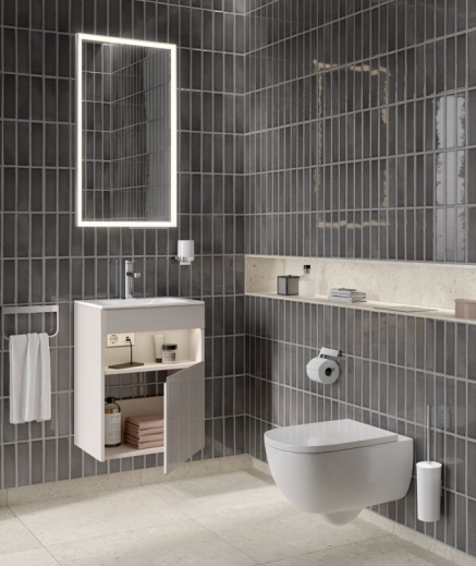 Тумба под раковину с oсвещением 32822 290102 380 мм х 460 мм х 625 мм, с 1 дверцей, петли справа, с сифоном, инокс матовый/инокс матовый