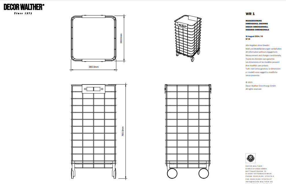 Корзина для белья, на колесиках, DECOR WALTHER  Basic WR 1 TROLLEY   0613750   73 X 36 X 36 см,  каркас нержавеющая сталь, вставка нейлон, цвет хром/белый