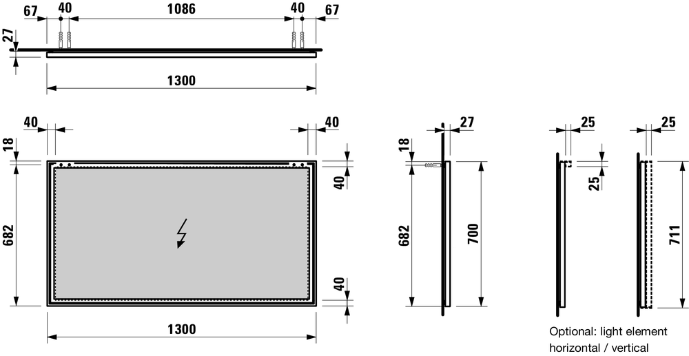 Зеркало  Laufen  Frame25     4.4740.8.900.144.1  130 см, алюминиевая рама