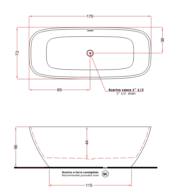 Ванна отдельностоящая TREESSE BRIO V297BO 720 мм х 1700 мм, из композита Solid Surface, белый матовый
