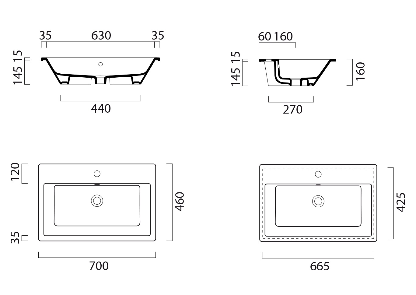 Раковина встраиваемая сверху GSI KUBE X 9437111 700 × 460 мм, с 1 отверстием под смеситель, с переливом, цвет Белый глянцевый
