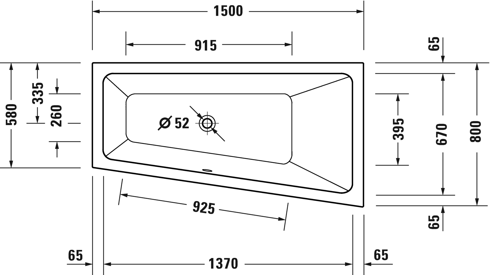 Ванна встраиваемая акриловая трапециевидная DURAVIT Duravit No.1 700505000000000 800 мм х 1500 мм х 480 мм, с наклонной спинкой справа, белая глянцевая